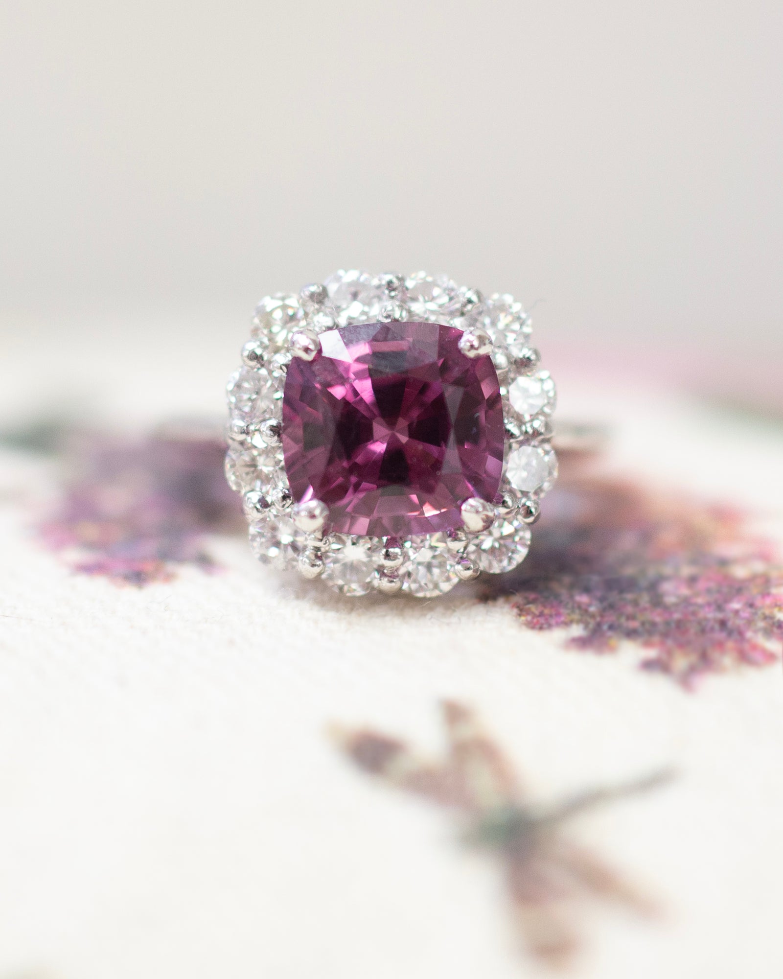 Spectacular Purple Spinel and Diamond Ring in 14k White Gold
