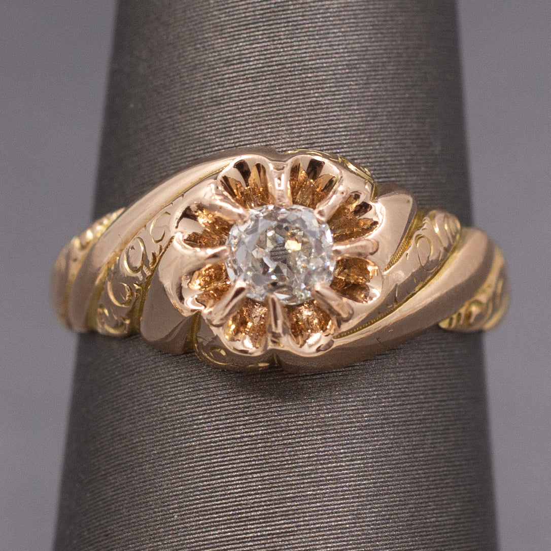 Antique Victorian Chonky Old Mine Cut Diamond in Belcher Setting in 14k Rose Gold
