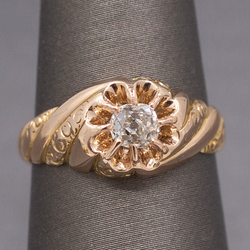 Antique Victorian Chonky Old Mine Cut Diamond in Belcher Setting in 14k Rose Gold