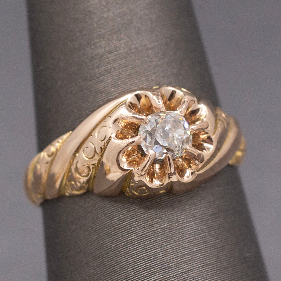 Antique Victorian Chonky Old Mine Cut Diamond in Belcher Setting in 14k Rose Gold