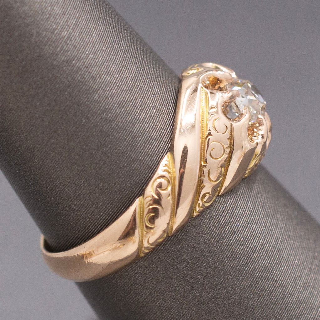 Antique Victorian Chonky Old Mine Cut Diamond in Belcher Setting in 14k Rose Gold
