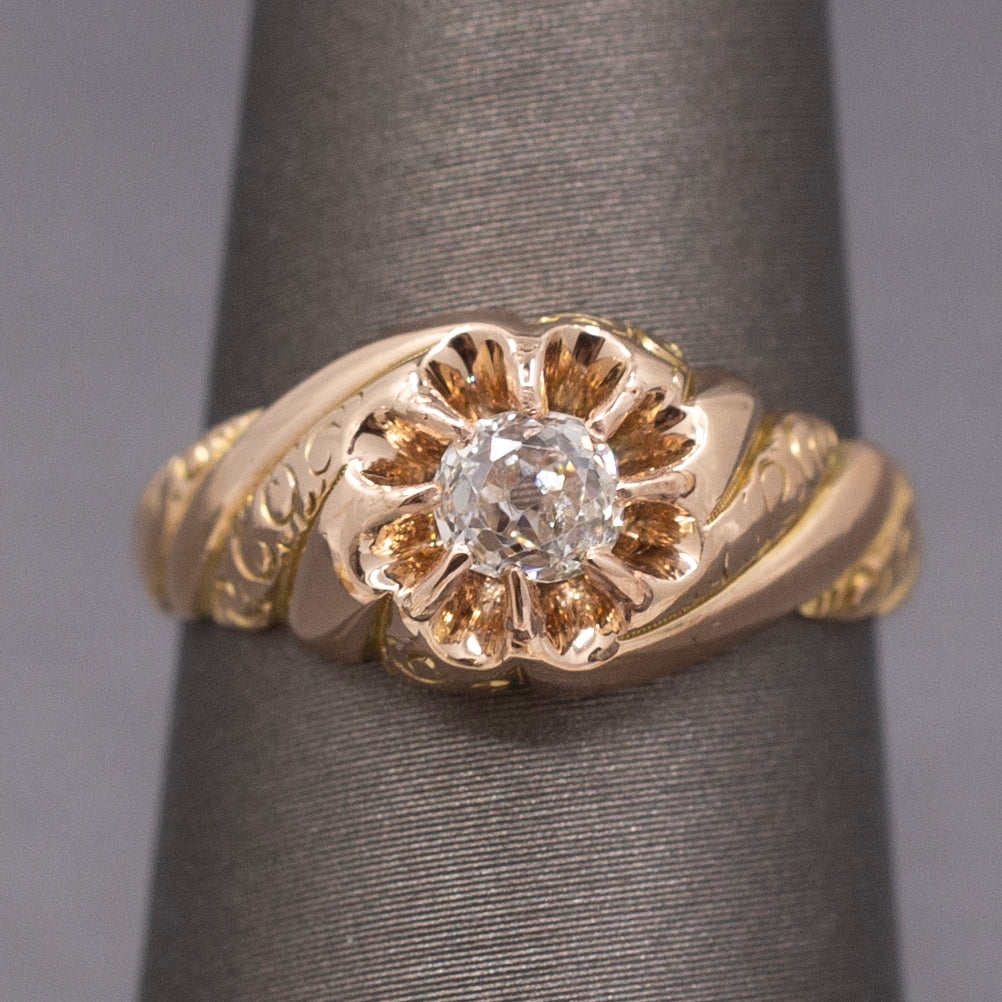 Antique Victorian Chonky Old Mine Cut Diamond in Belcher Setting in 14k Rose Gold