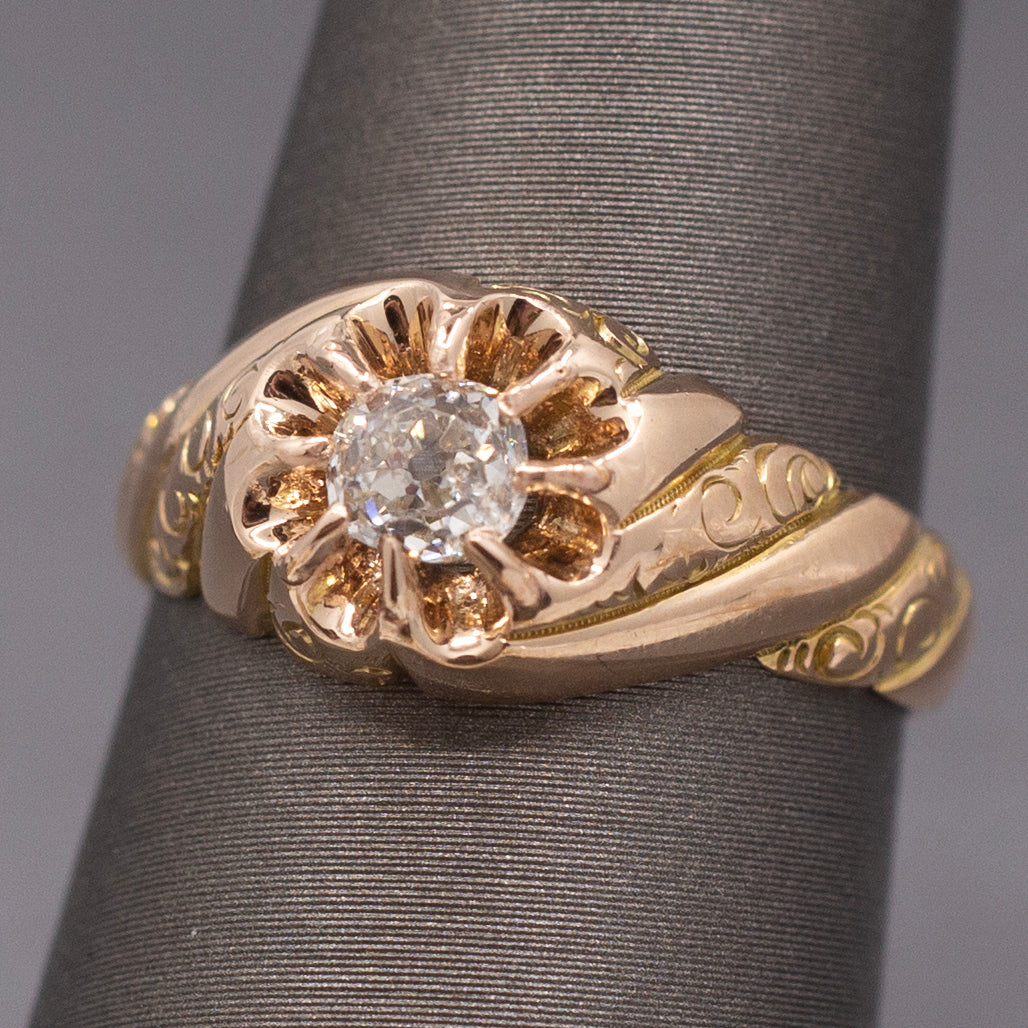 Antique Victorian Chonky Old Mine Cut Diamond in Belcher Setting in 14k Rose Gold