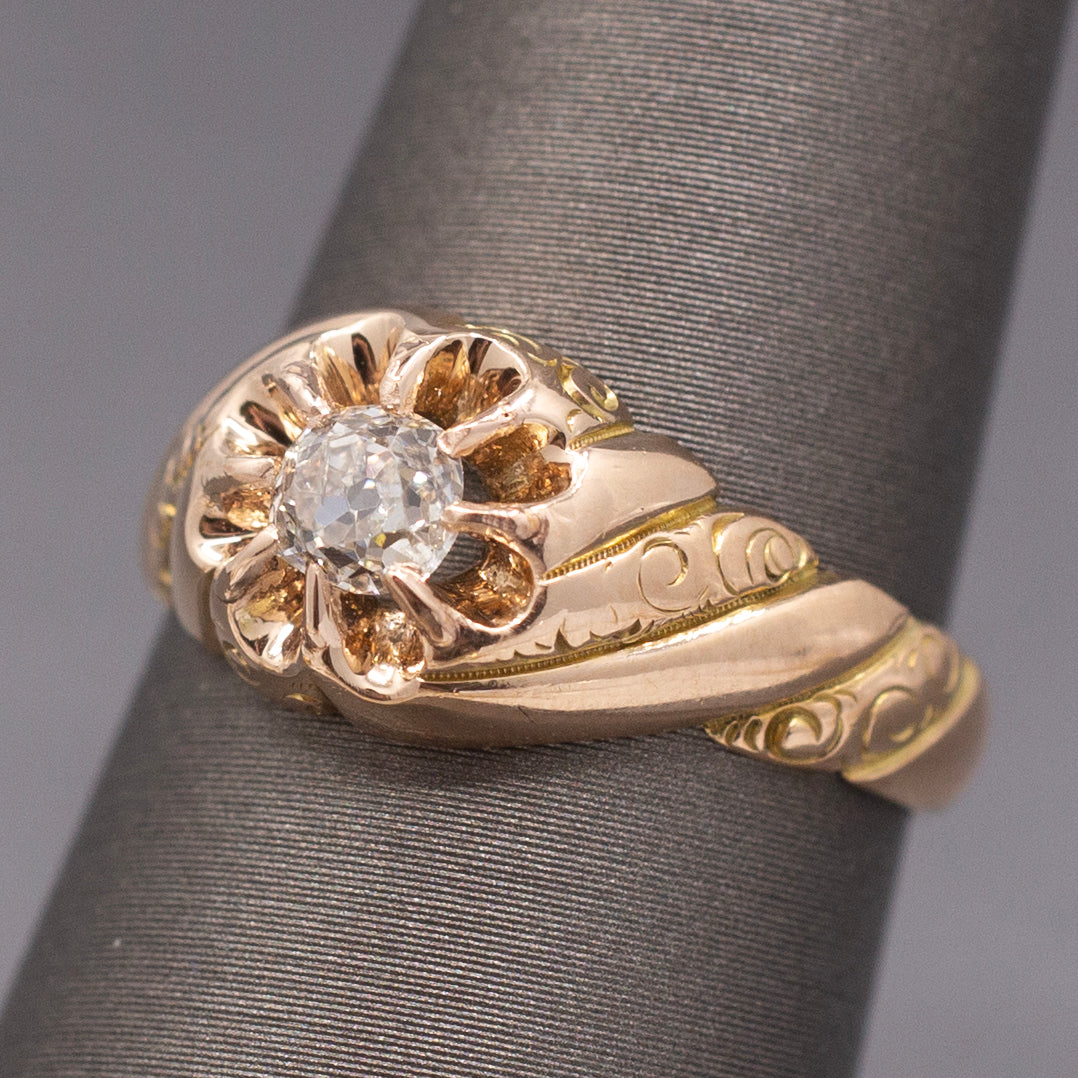 Antique Victorian Chonky Old Mine Cut Diamond in Belcher Setting in 14k Rose Gold