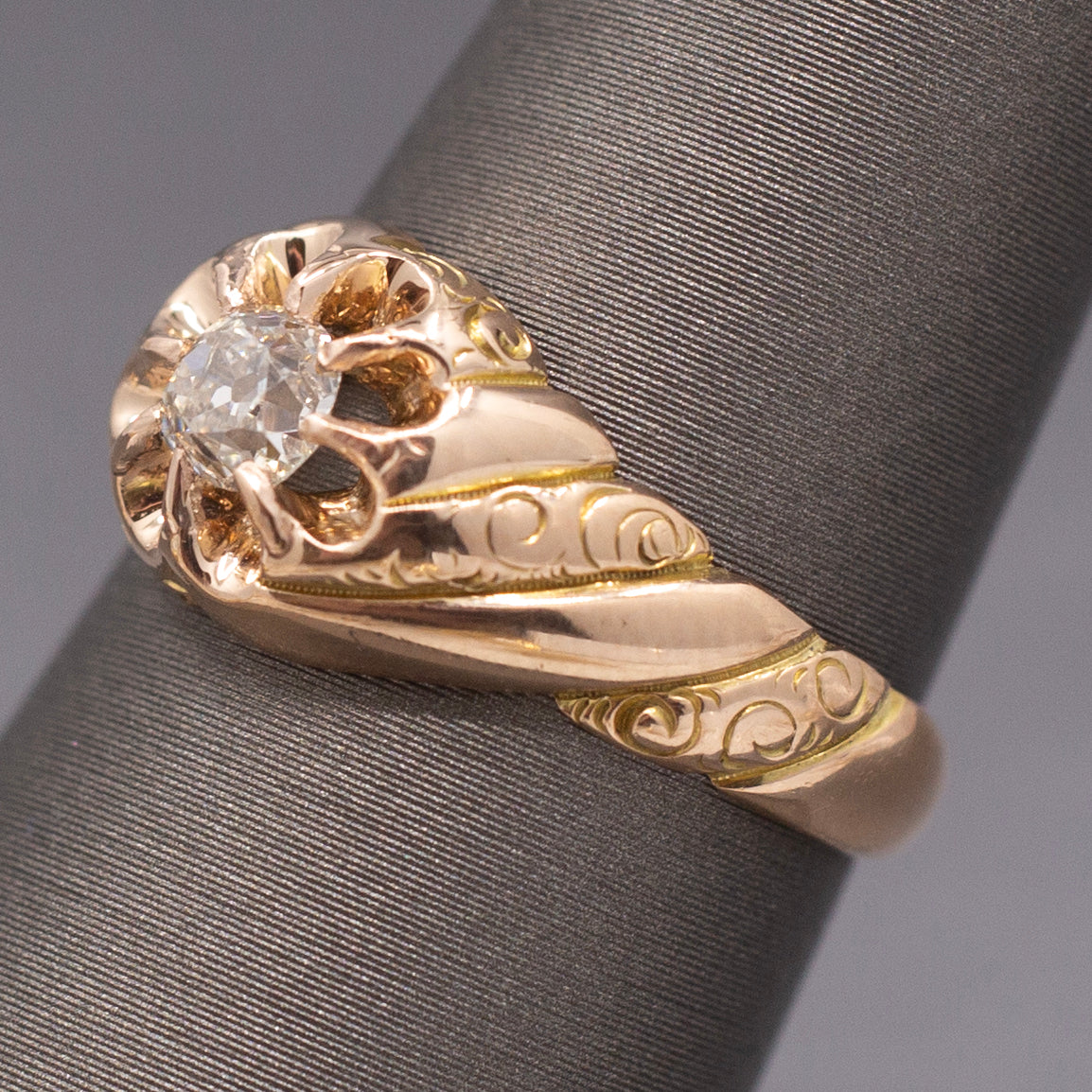 Antique Victorian Chonky Old Mine Cut Diamond in Belcher Setting in 14k Rose Gold