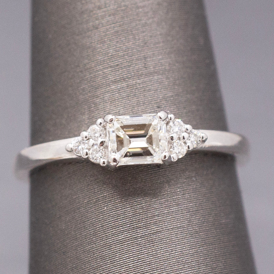 Petite Emerald and Round Cut Diamond Engagement or Stacking Ring in 14k White Gold