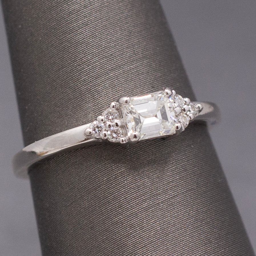 Petite Emerald and Round Cut Diamond Engagement or Stacking Ring in 14k White Gold