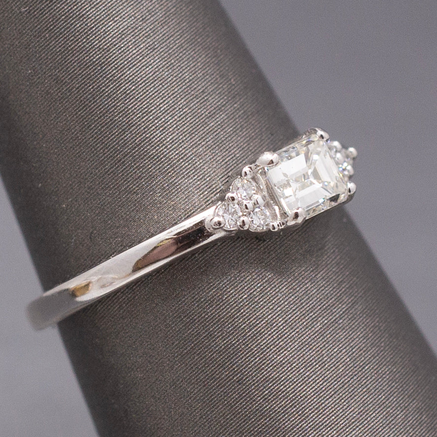 Petite Emerald and Round Cut Diamond Engagement or Stacking Ring in 14k White Gold