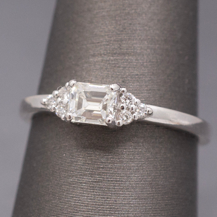 Petite Emerald and Round Cut Diamond Engagement or Stacking Ring in 14k White Gold