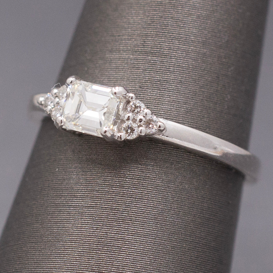 Petite Emerald and Round Cut Diamond Engagement or Stacking Ring in 14k White Gold