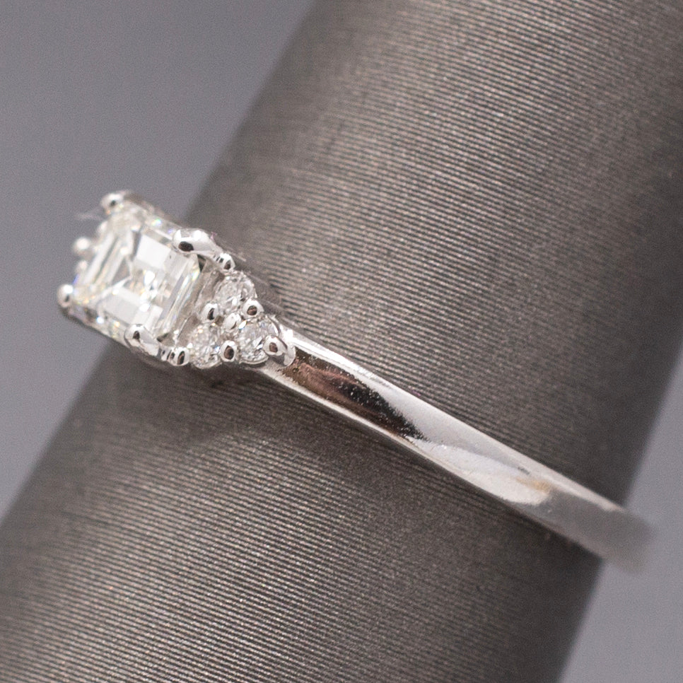 Petite Emerald and Round Cut Diamond Engagement or Stacking Ring in 14k White Gold