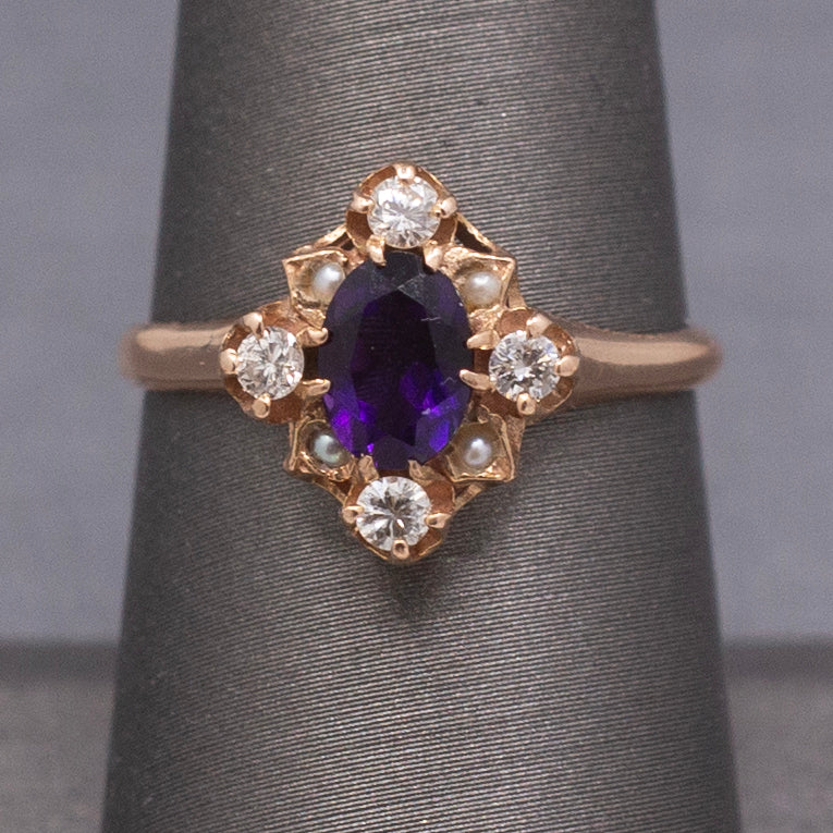 Vintage Amethyst, Diamond and Seed Pearl Ring in 14k Rose Gold