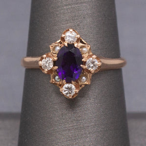 Vintage Amethyst, Diamond and Seed Pearl Ring in 14k Rose Gold
