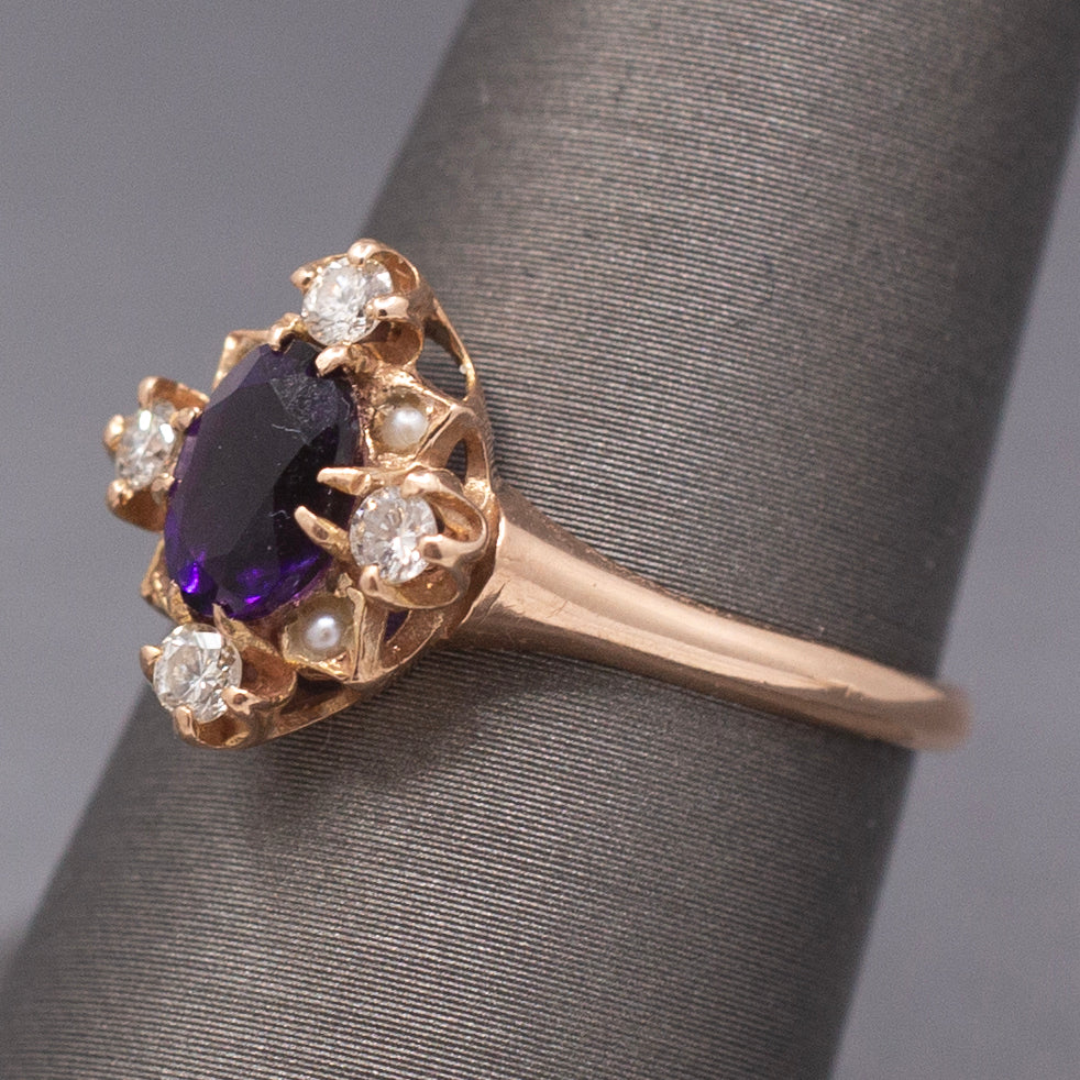 Vintage Amethyst, Diamond and Seed Pearl Ring in 14k Rose Gold