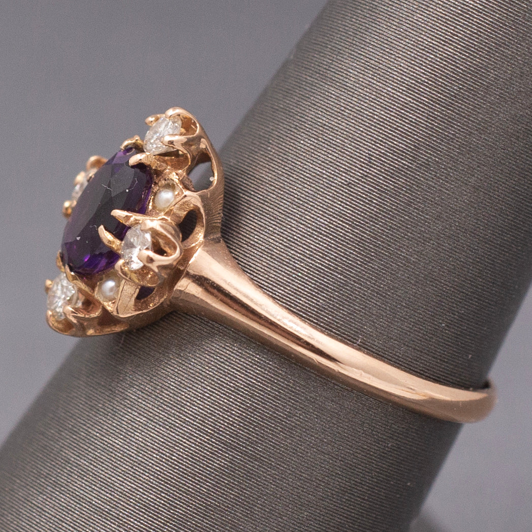 Vintage Amethyst, Diamond and Seed Pearl Ring in 14k Rose Gold