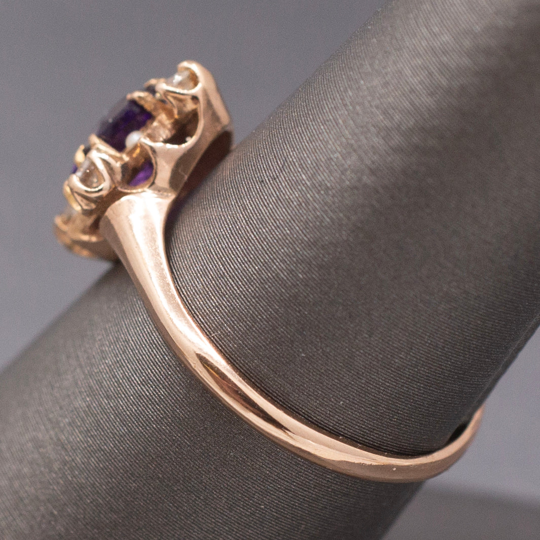 Vintage Amethyst, Diamond and Seed Pearl Ring in 14k Rose Gold