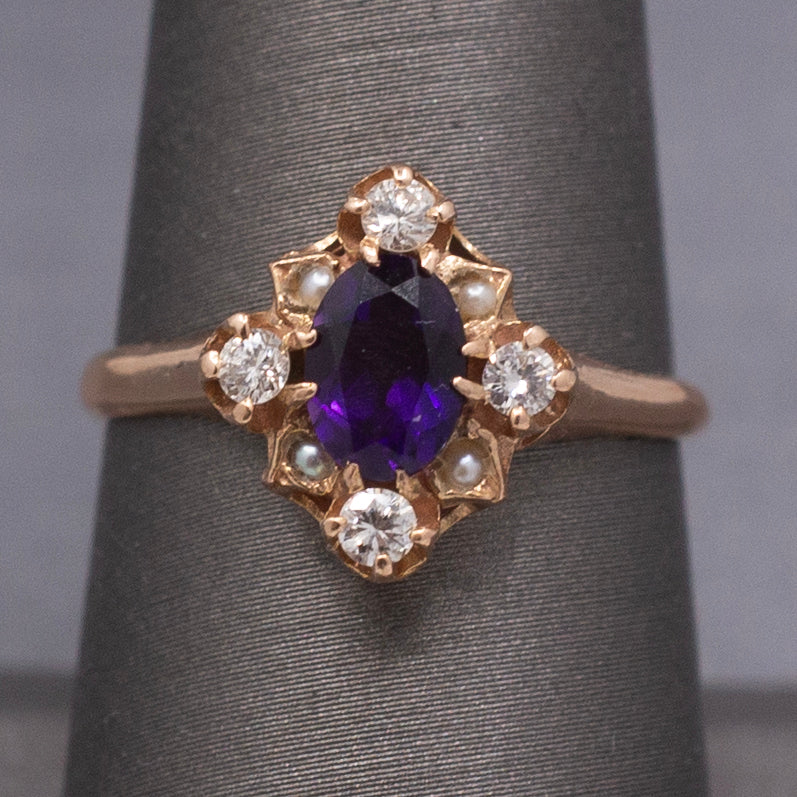 Vintage Amethyst, Diamond and Seed Pearl Ring in 14k Rose Gold
