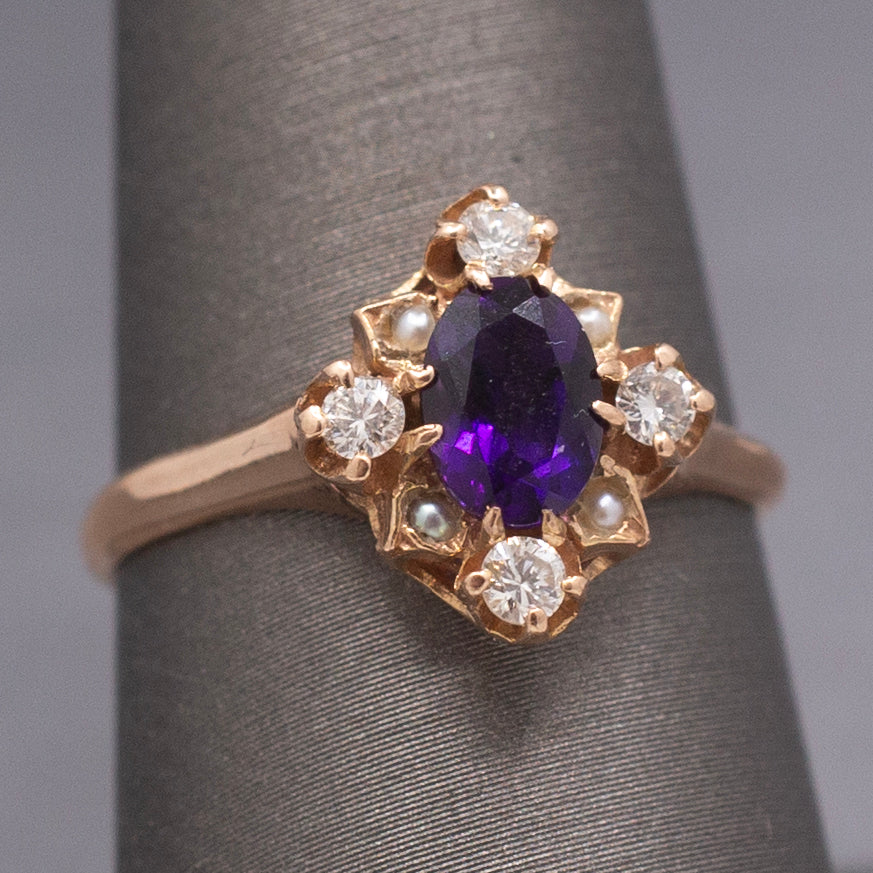 Vintage Amethyst, Diamond and Seed Pearl Ring in 14k Rose Gold