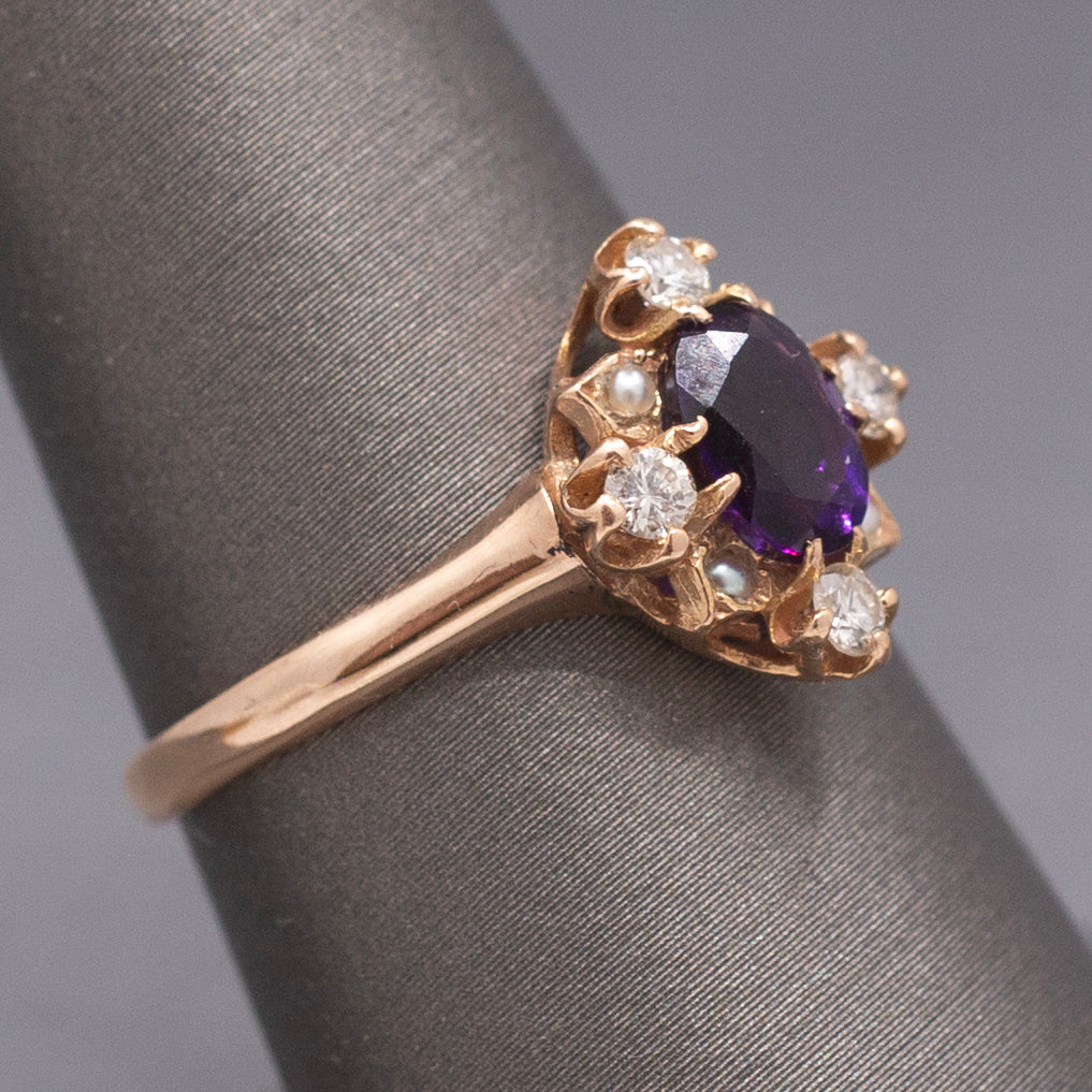 Vintage Amethyst, Diamond and Seed Pearl Ring in 14k Rose Gold