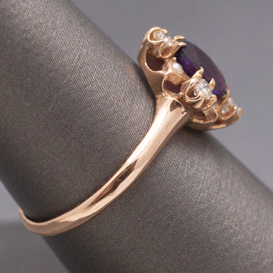 Vintage Amethyst, Diamond and Seed Pearl Ring in 14k Rose Gold