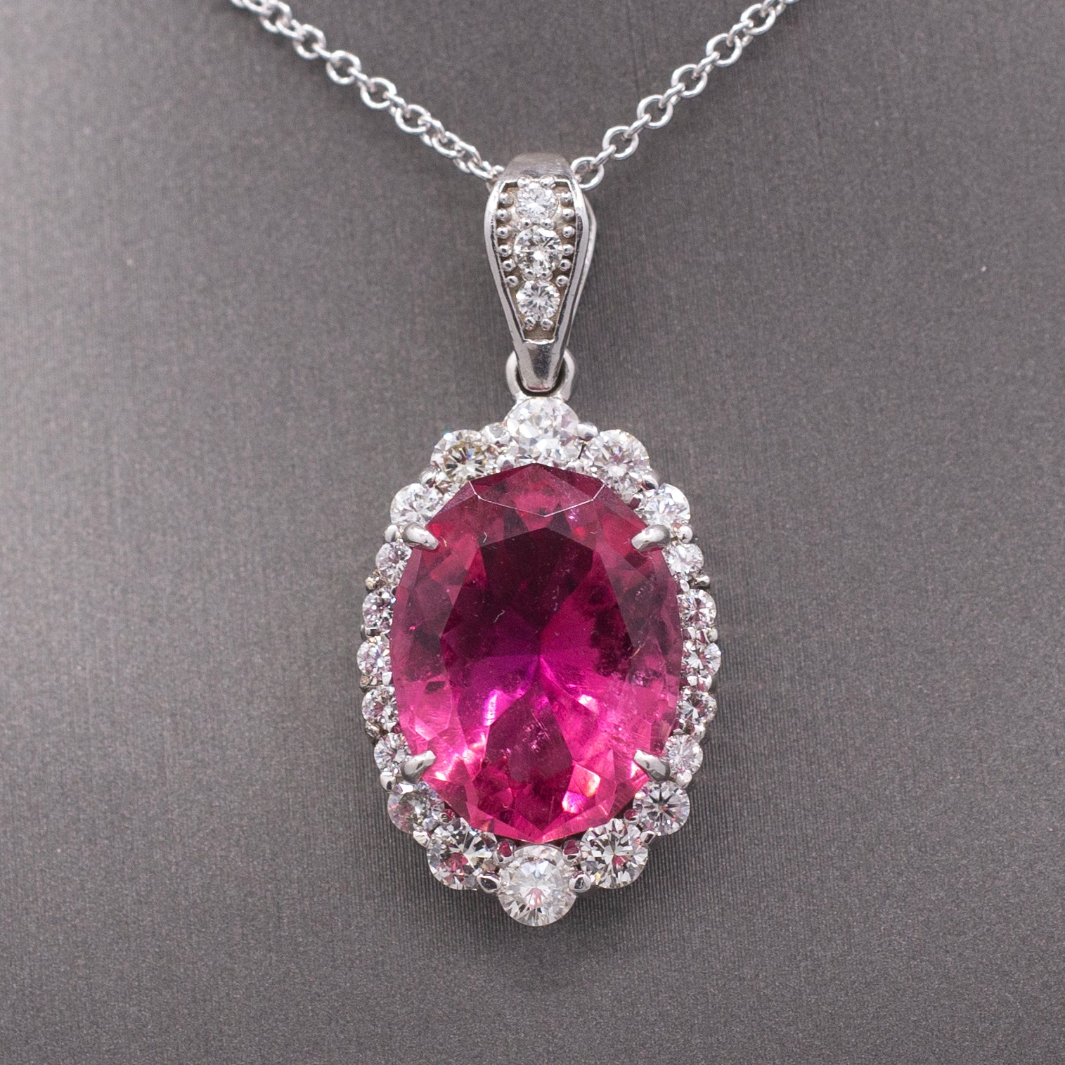 Stunning 9.71cttw Vivid Pink Tourmaline and Diamond Pendant Necklace in 14k White Gold