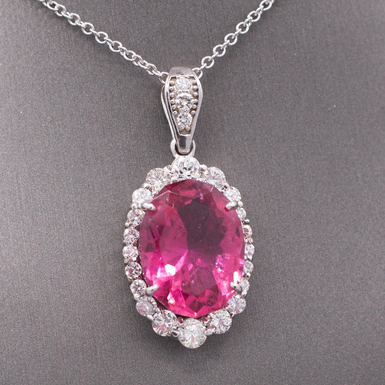 Stunning 9.71cttw Vivid Pink Tourmaline and Diamond Pendant Necklace in 14k White Gold
