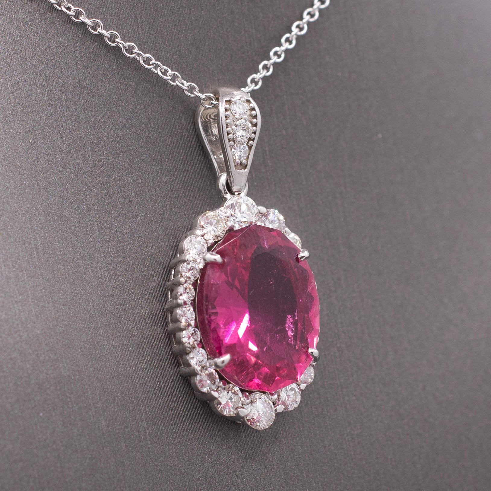 Stunning 9.71cttw Vivid Pink Tourmaline and Diamond Pendant Necklace in 14k White Gold