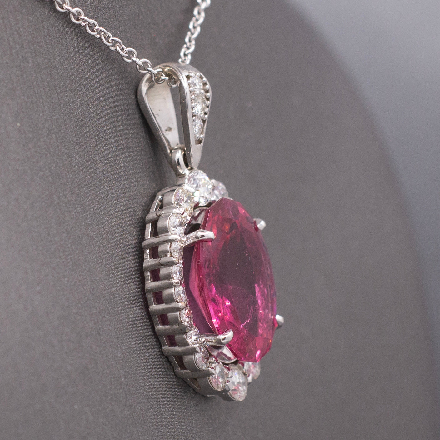 Stunning 9.71cttw Vivid Pink Tourmaline and Diamond Pendant Necklace in 14k White Gold