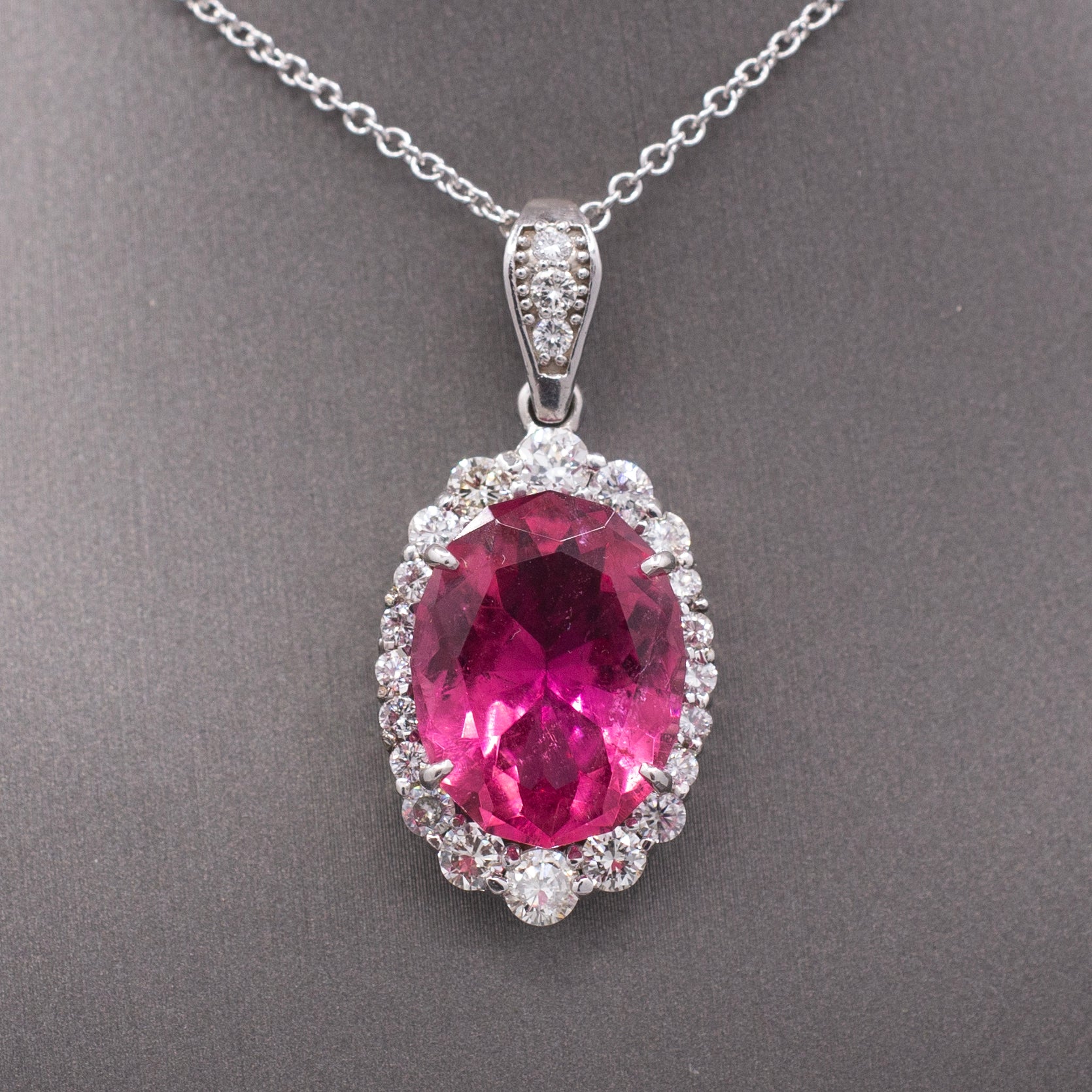 Stunning 9.71cttw Vivid Pink Tourmaline and Diamond Pendant Necklace in 14k White Gold