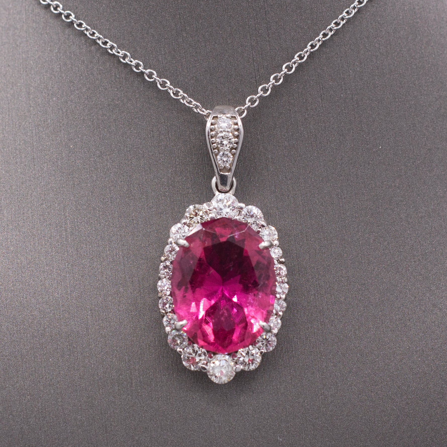 Stunning 9.71cttw Vivid Pink Tourmaline and Diamond Pendant Necklace in 14k White Gold