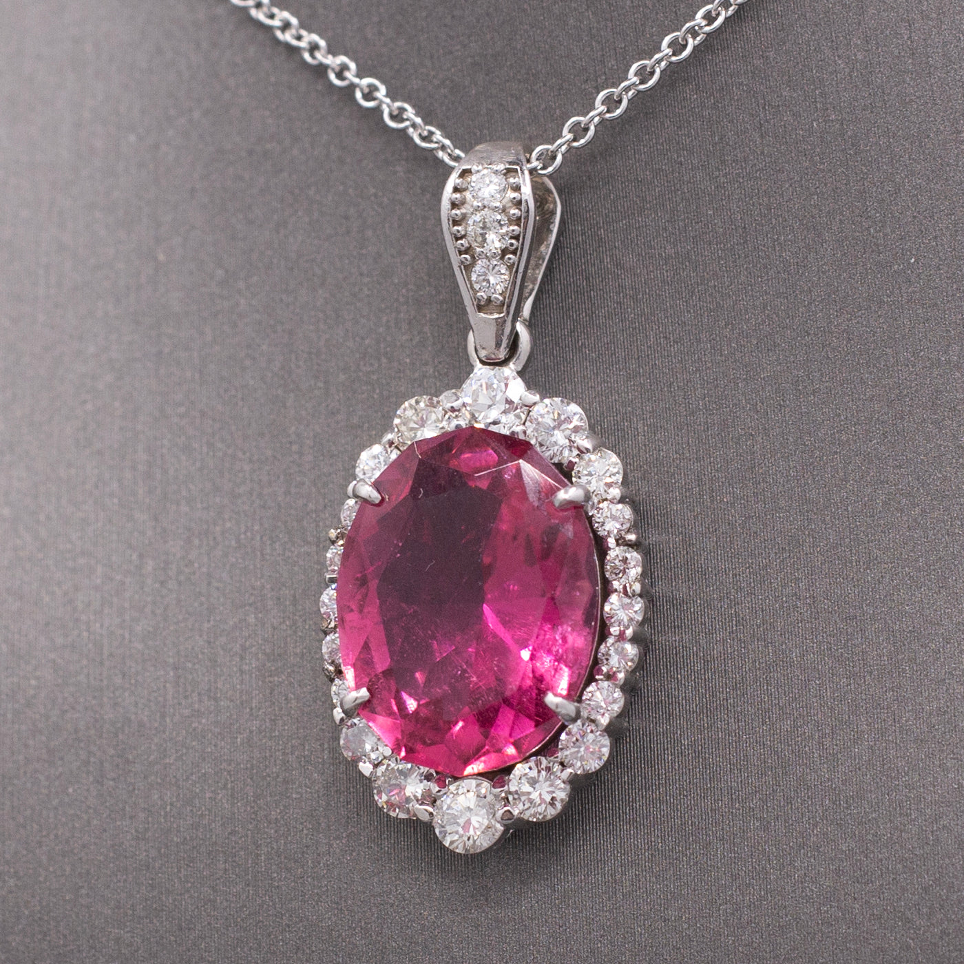 Stunning 9.71cttw Vivid Pink Tourmaline and Diamond Pendant Necklace in 14k White Gold