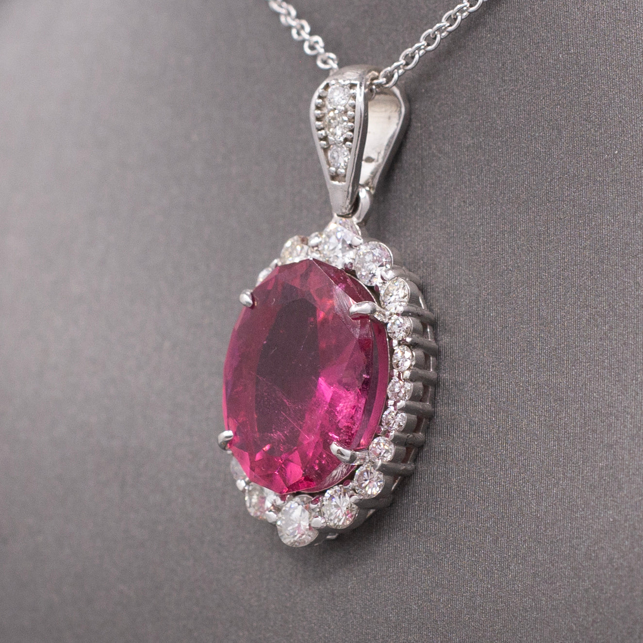 Stunning 9.71cttw Vivid Pink Tourmaline and Diamond Pendant Necklace in 14k White Gold