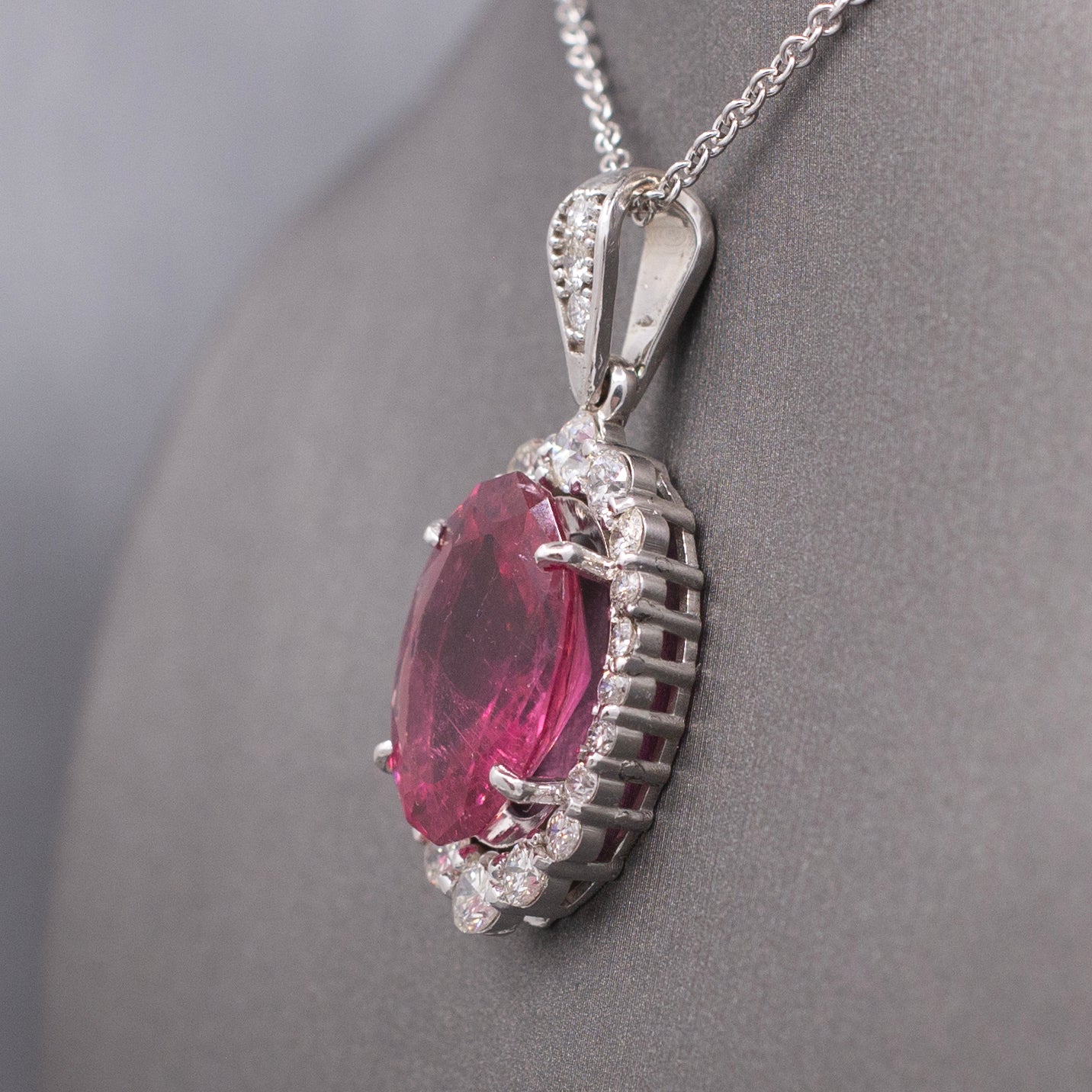 Stunning 9.71cttw Vivid Pink Tourmaline and Diamond Pendant Necklace in 14k White Gold