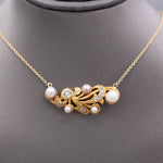 Exquisite Art Nouveau Diamond and Pearl Necklace in 14k Yellow Gold