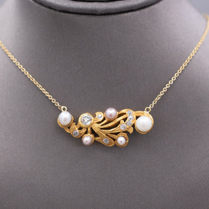 Exquisite Art Nouveau Diamond and Pearl Necklace in 14k Yellow Gold