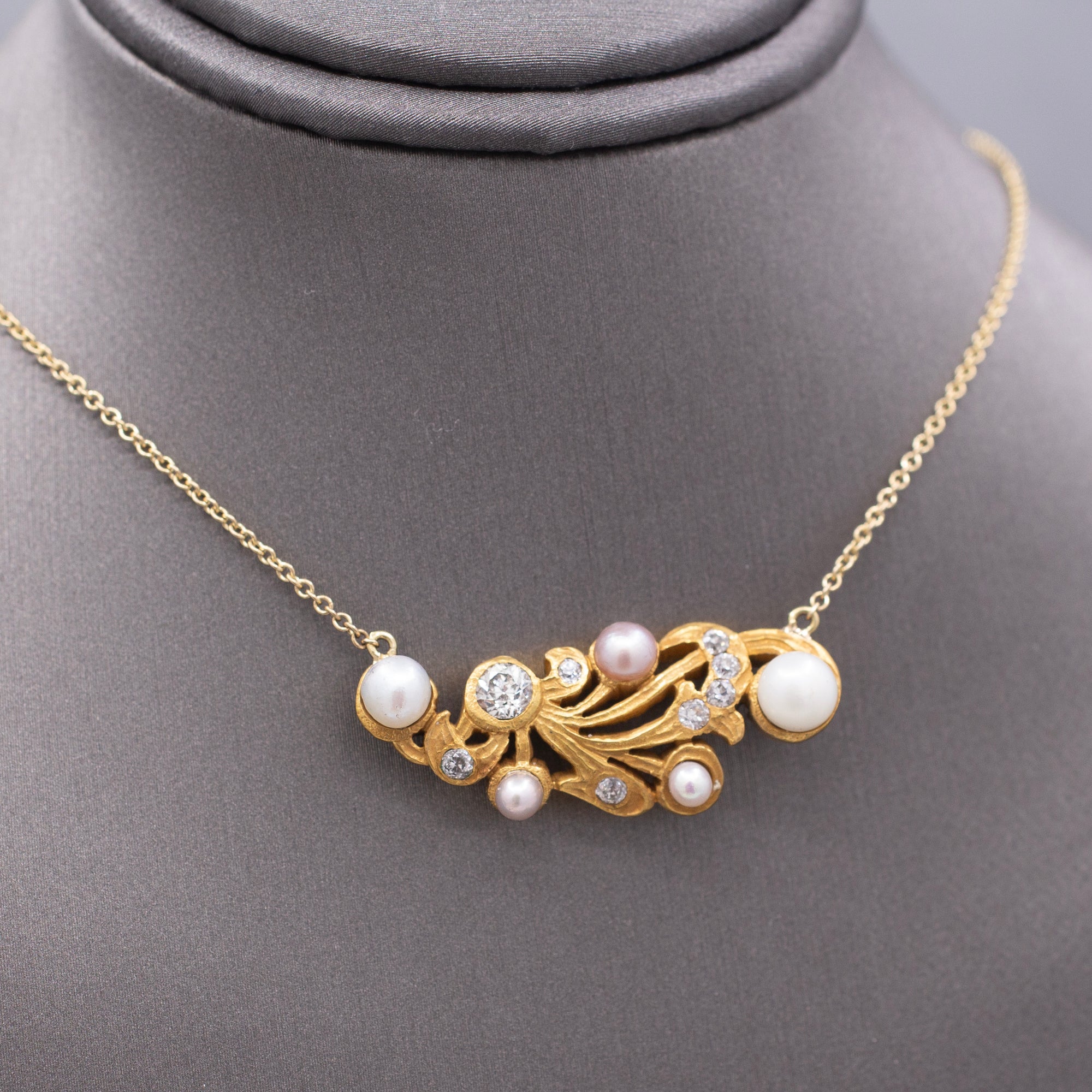 Exquisite Art Nouveau Diamond and Pearl Necklace in 14k Yellow Gold
