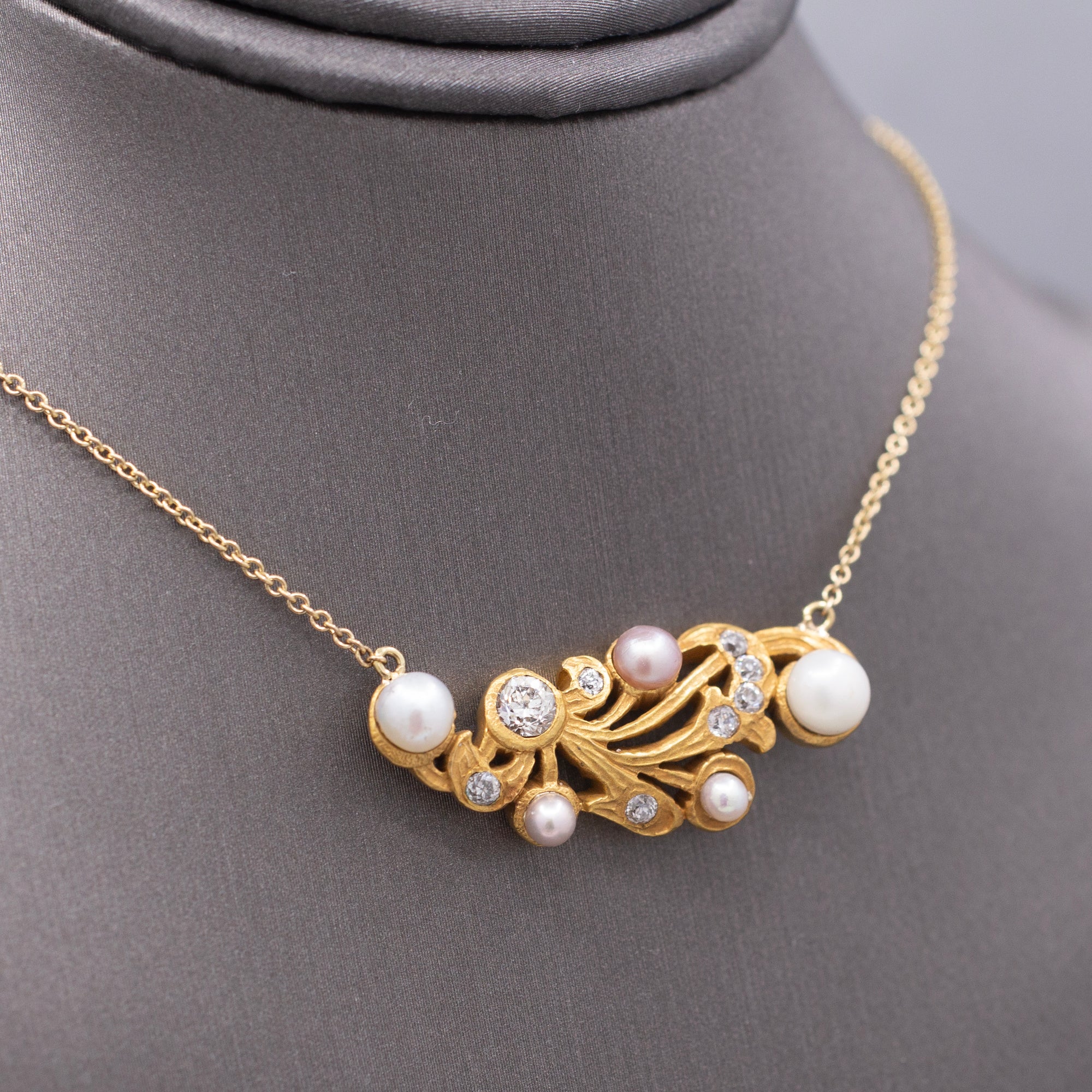 Exquisite Art Nouveau Diamond and Pearl Necklace in 14k Yellow Gold