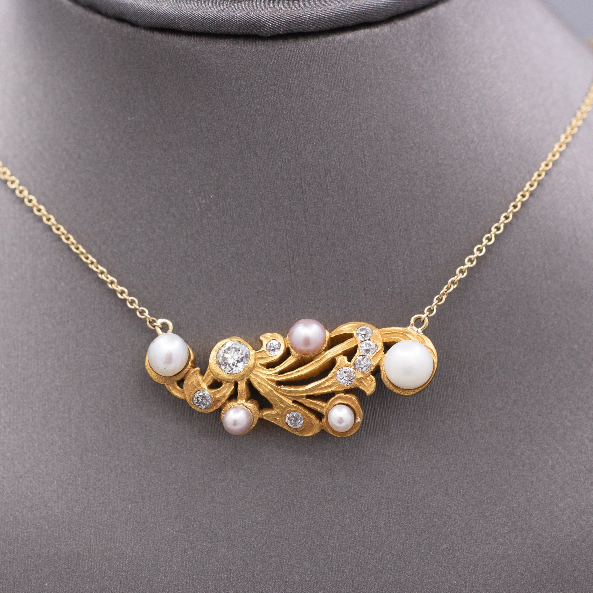 Exquisite Art Nouveau Diamond and Pearl Necklace in 14k Yellow Gold