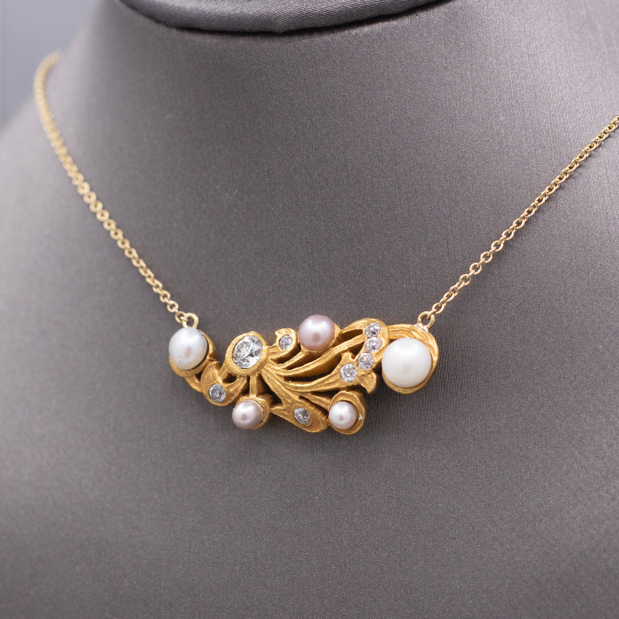 Exquisite Art Nouveau Diamond and Pearl Necklace in 14k Yellow Gold