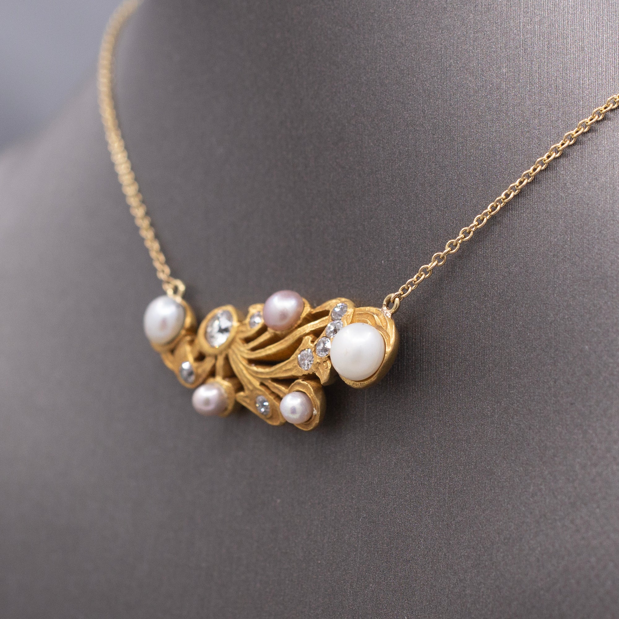 Exquisite Art Nouveau Diamond and Pearl Necklace in 14k Yellow Gold