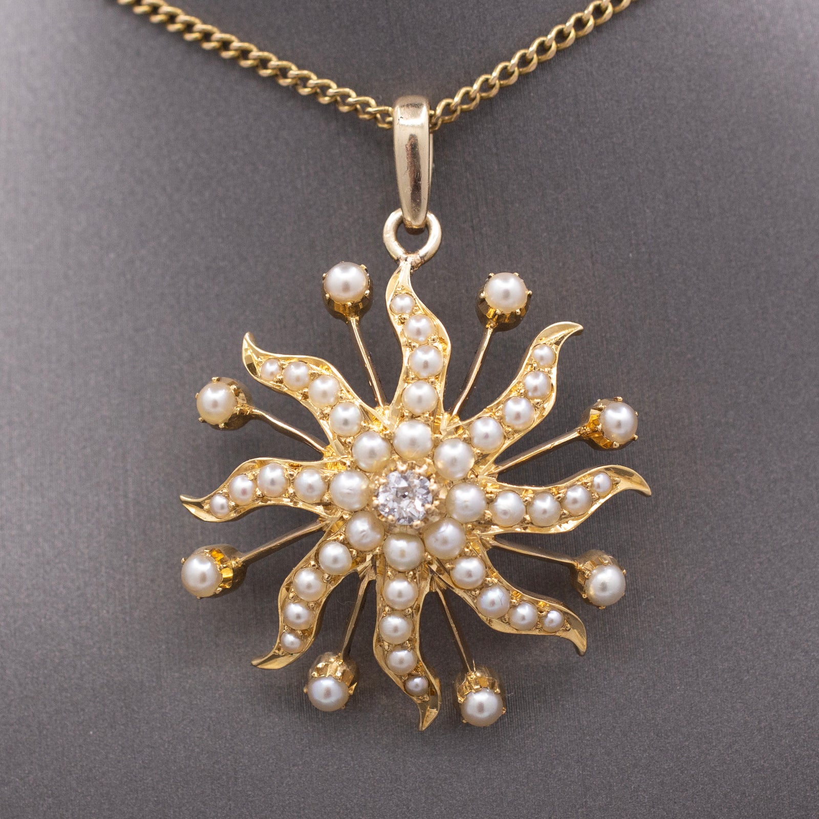 Antique Victorian Celestial Starburst Pendant with Old Mine cut Diamond and Pearls in 14k