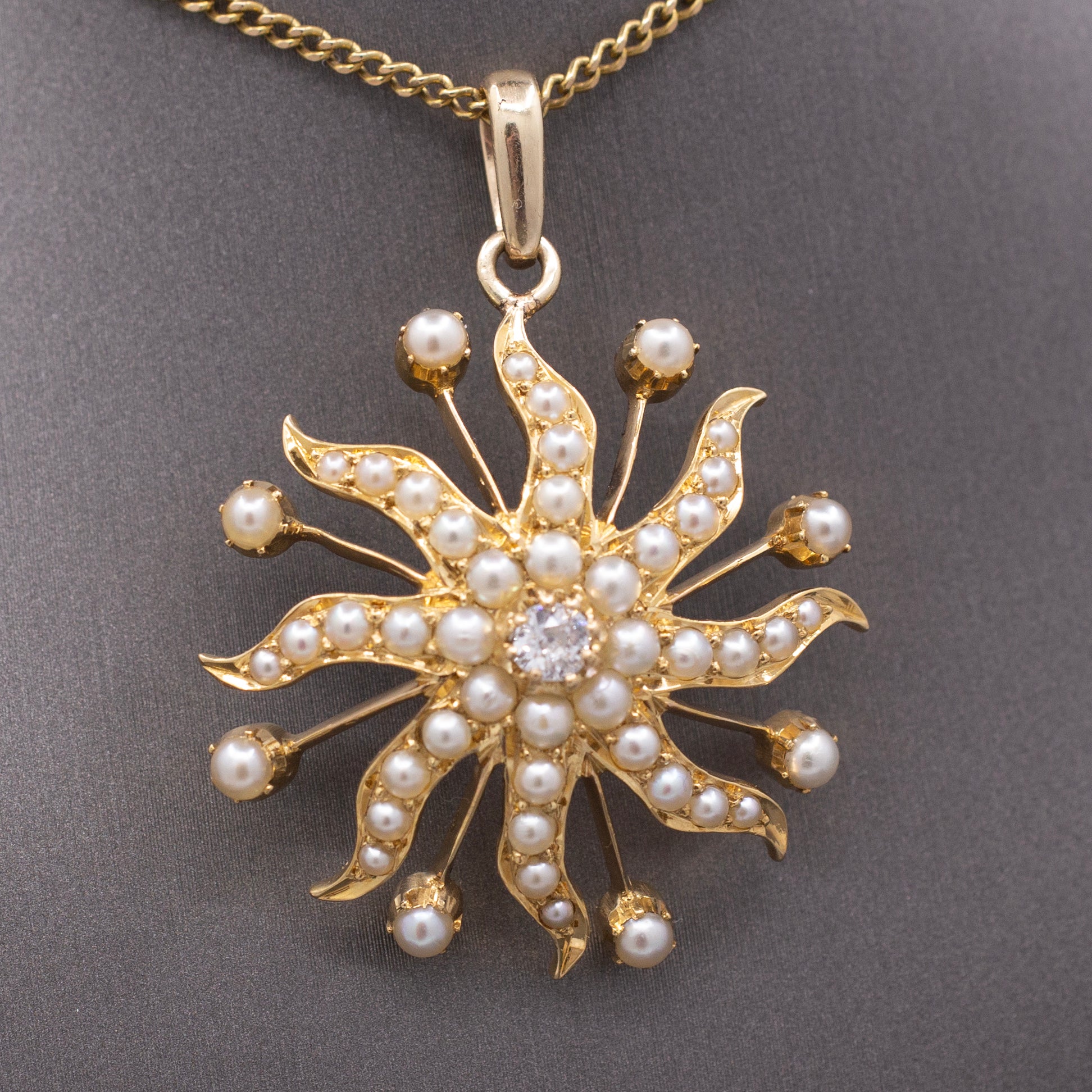 Antique Victorian Celestial Starburst Pendant with Old Mine cut Diamond and Pearls in 14k