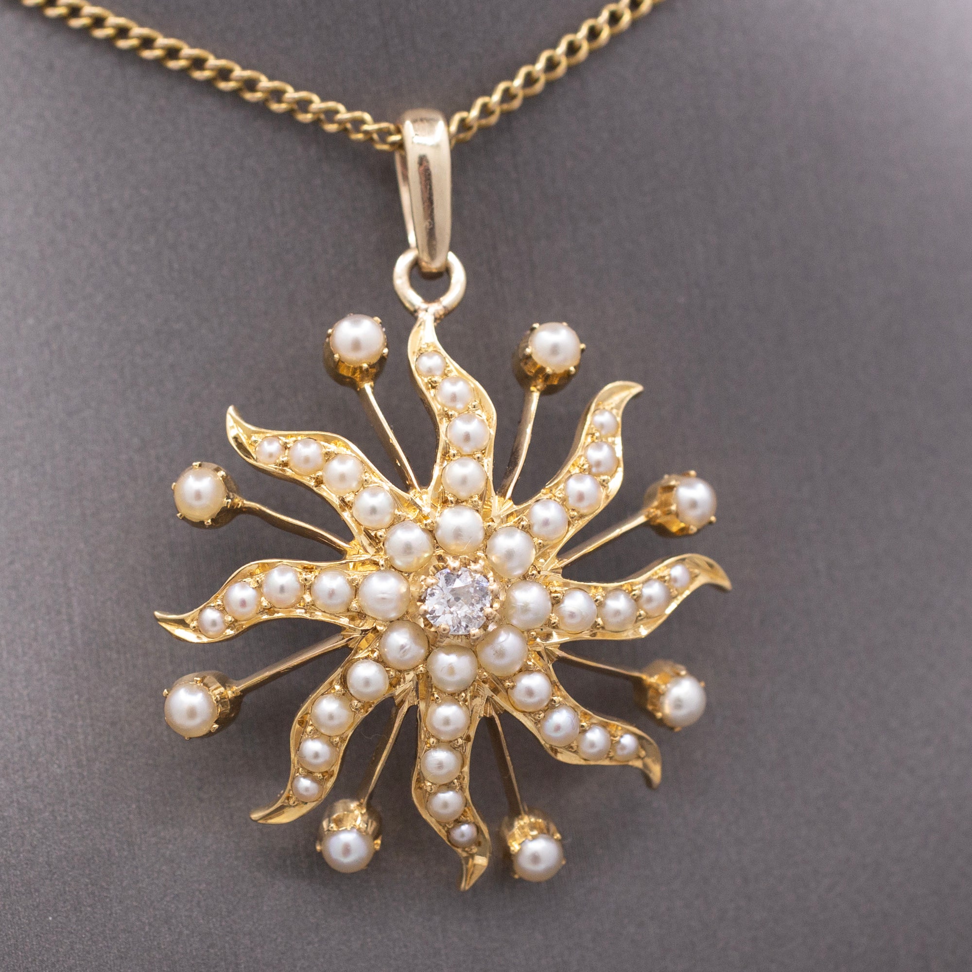 Antique Victorian Celestial Starburst Pendant with Old Mine cut Diamond and Pearls in 14k