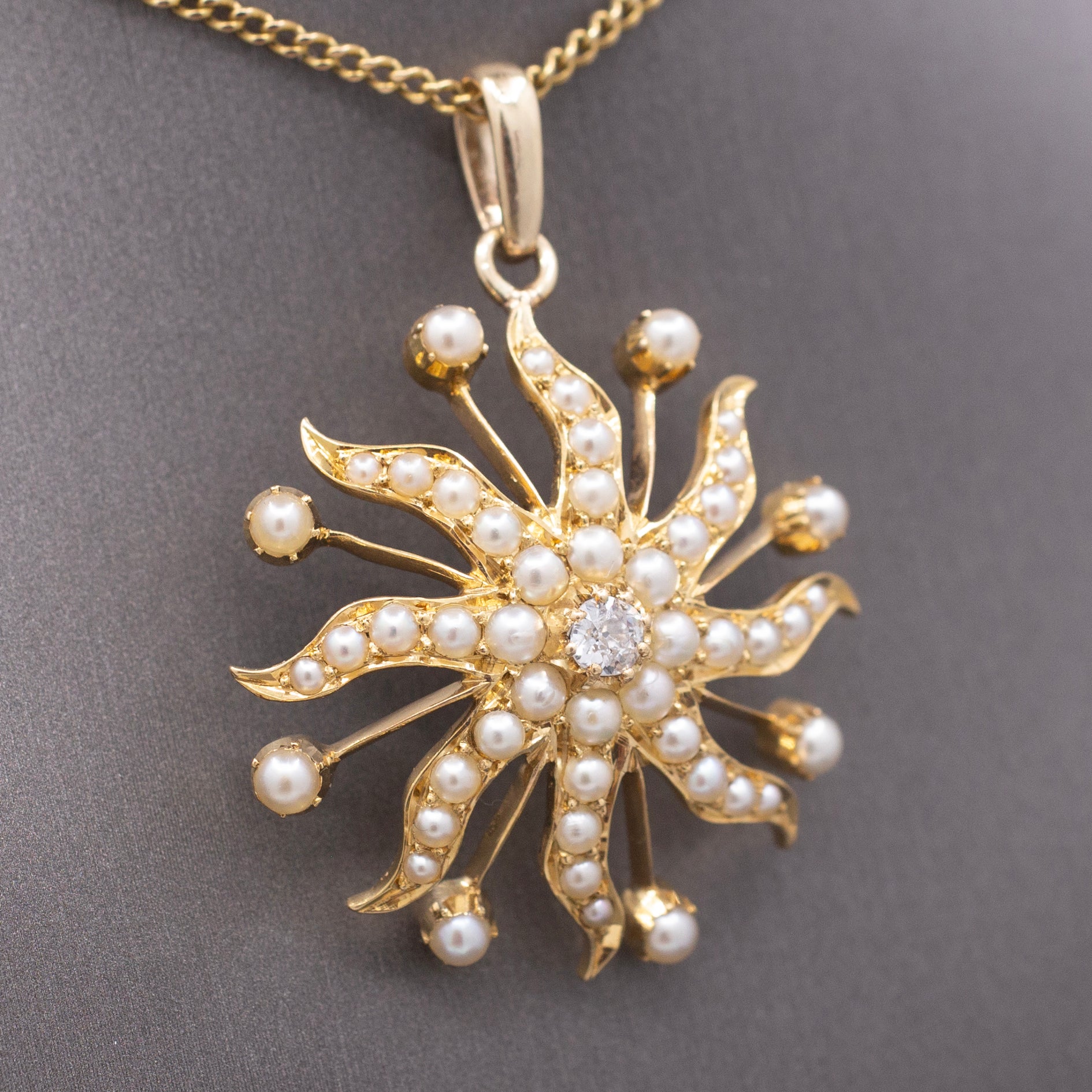 Antique Victorian Celestial Starburst Pendant with Old Mine cut Diamond and Pearls in 14k
