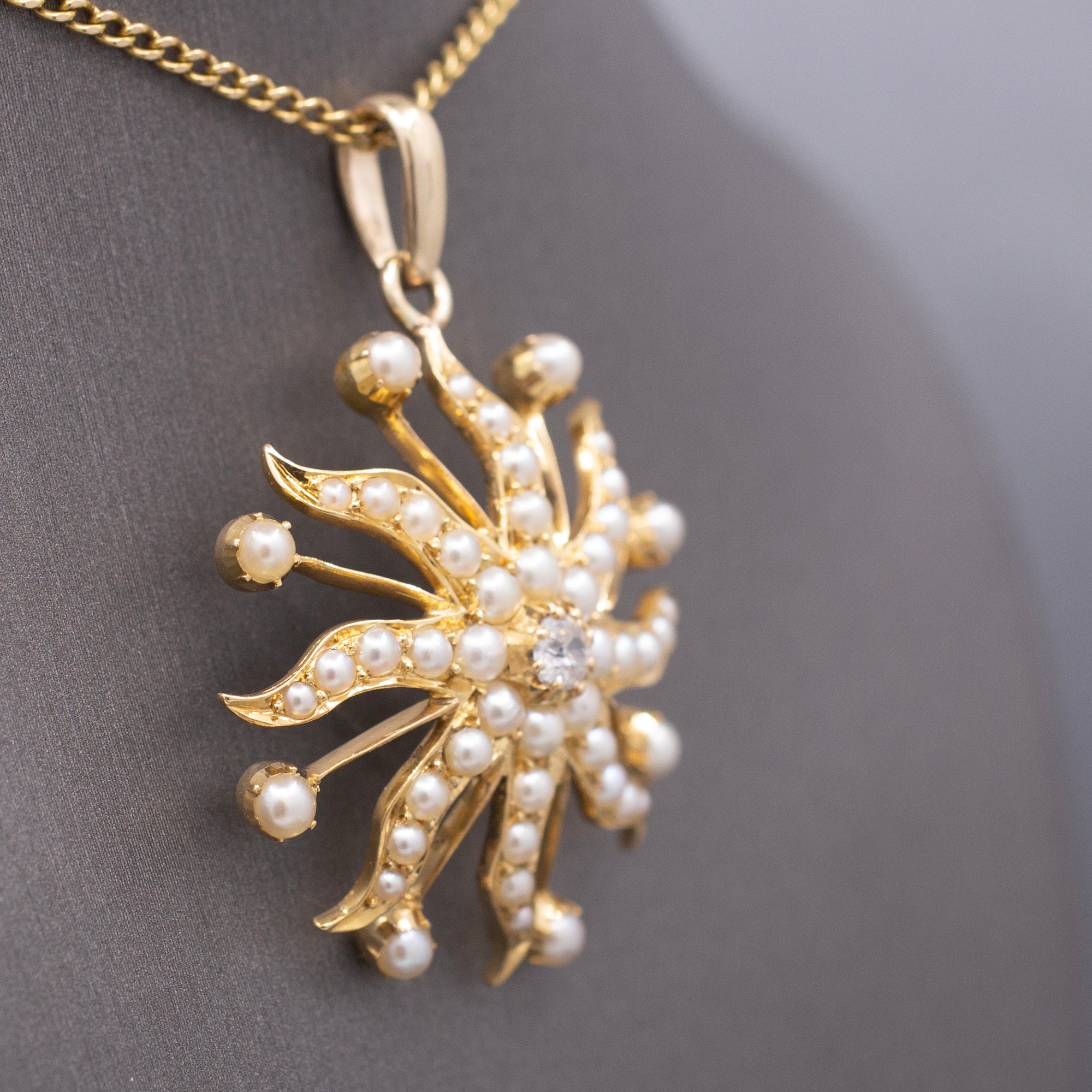 Antique Victorian Celestial Starburst Pendant with Old Mine cut Diamond and Pearls in 14k