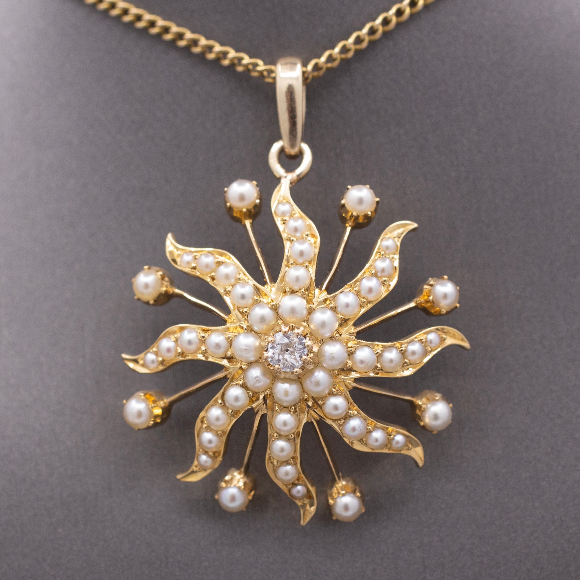 Antique Victorian Celestial Starburst Pendant with Old Mine cut Diamond and Pearls in 14k