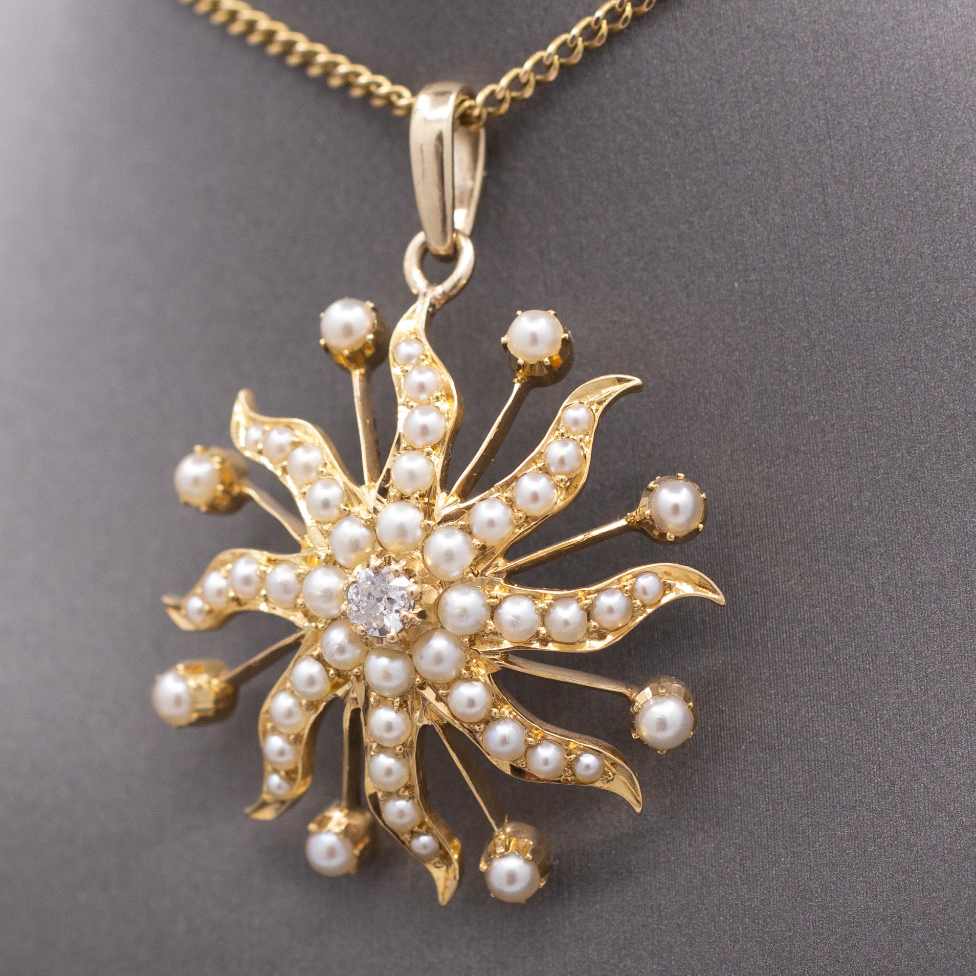 Antique Victorian Celestial Starburst Pendant with Old Mine cut Diamond and Pearls in 14k