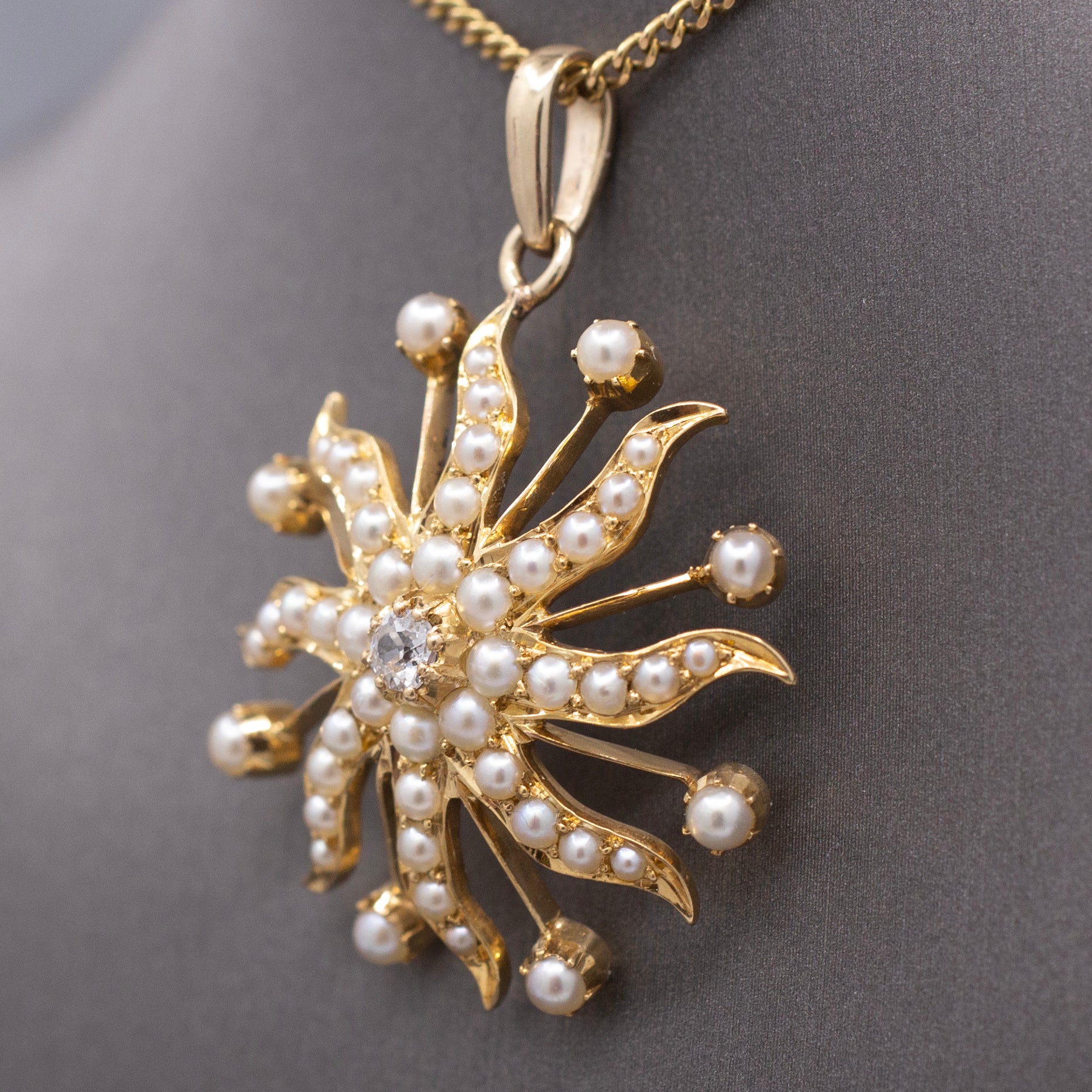 Antique Victorian Celestial Starburst Pendant with Old Mine cut Diamond and Pearls in 14k