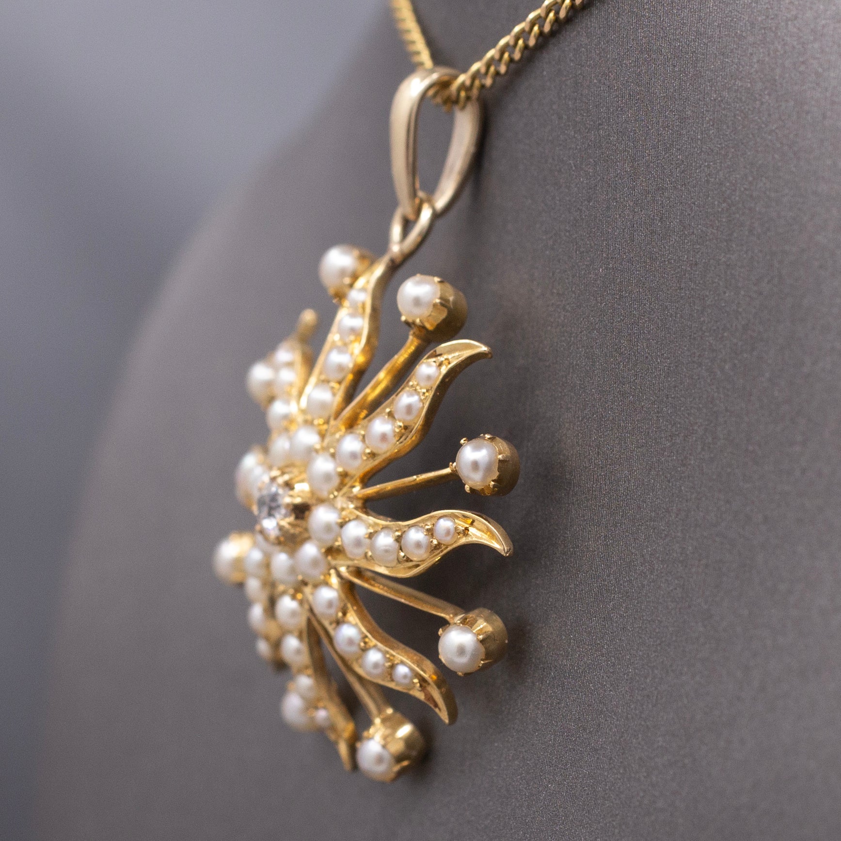 Antique Victorian Celestial Starburst Pendant with Old Mine cut Diamond and Pearls in 14k