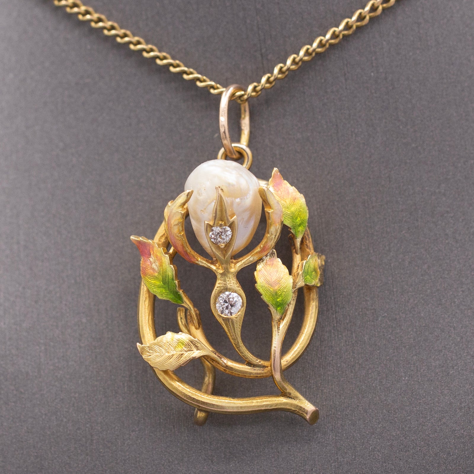 Gorgeous Art Nouveau Diamond Enamel and Natural Pearl Pendant in 14k Yellow Gold